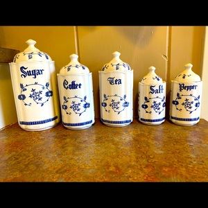 Blue and White Kitchen Canisters (5 pieces)